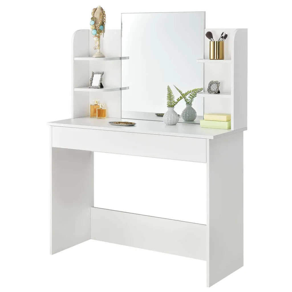 ModernHome Elegáns fésülködő- és sminkasztal tükörrel,széles fiókkal, oldalsó polcokkal és LED világítás opcióval, 108x40x142 cm, fehér