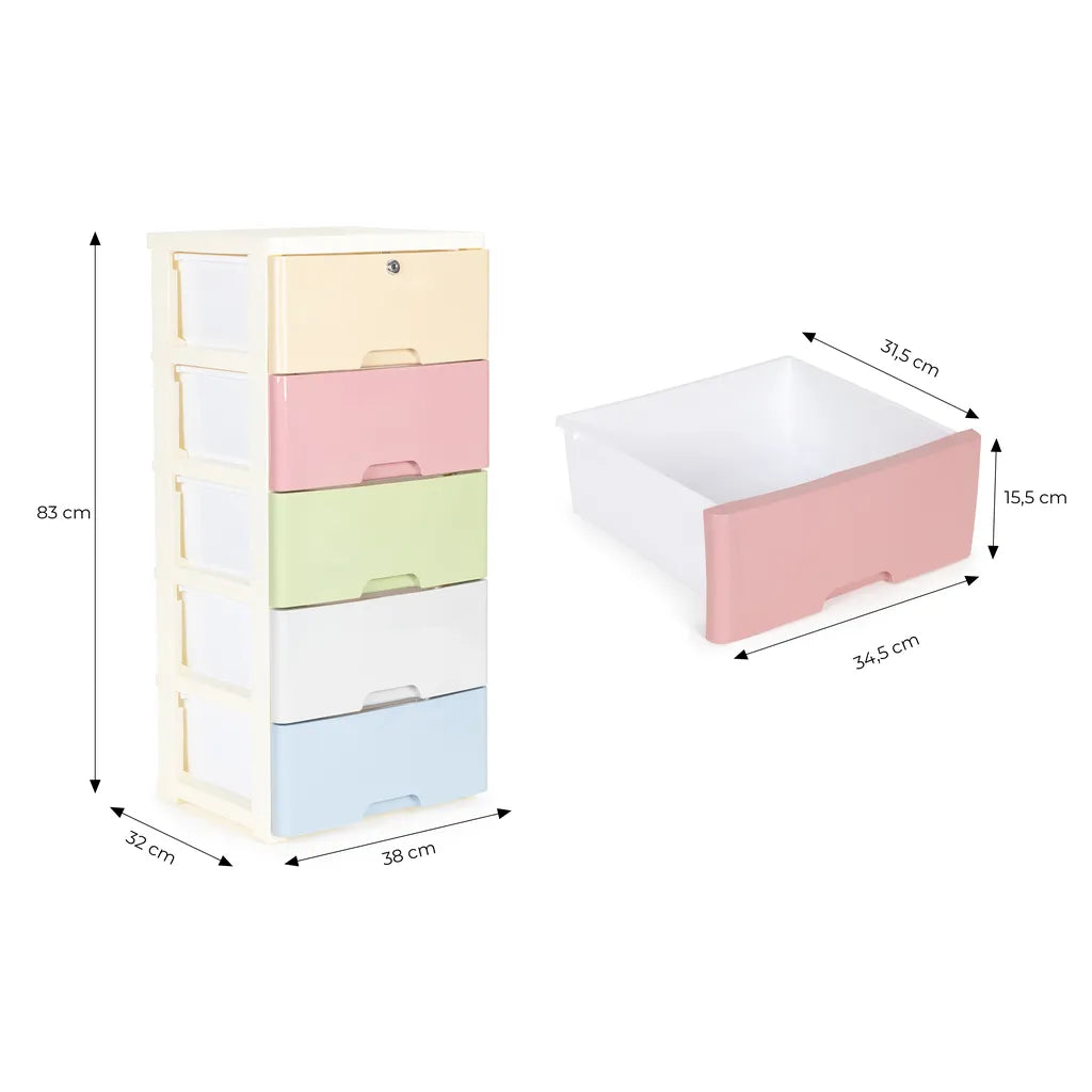 ModernHome 5 fiókos univerzális tároló szekrény, 83 x 32 x 38 cm, többszínű/fehér