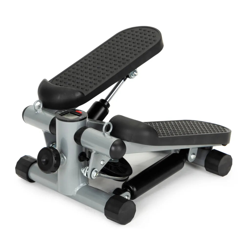 Otthoni fitness lépőgép rugalmas szalagokkal, számlálóval, LCD kijelzővel, fekete-szürke