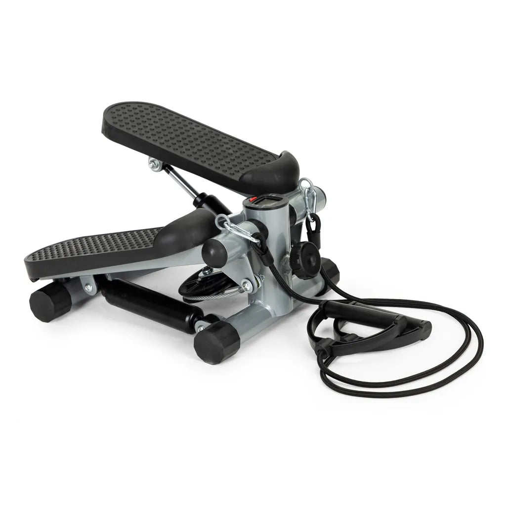 Otthoni fitness lépőgép rugalmas szalagokkal, számlálóval, LCD kijelzővel, fekete-szürke