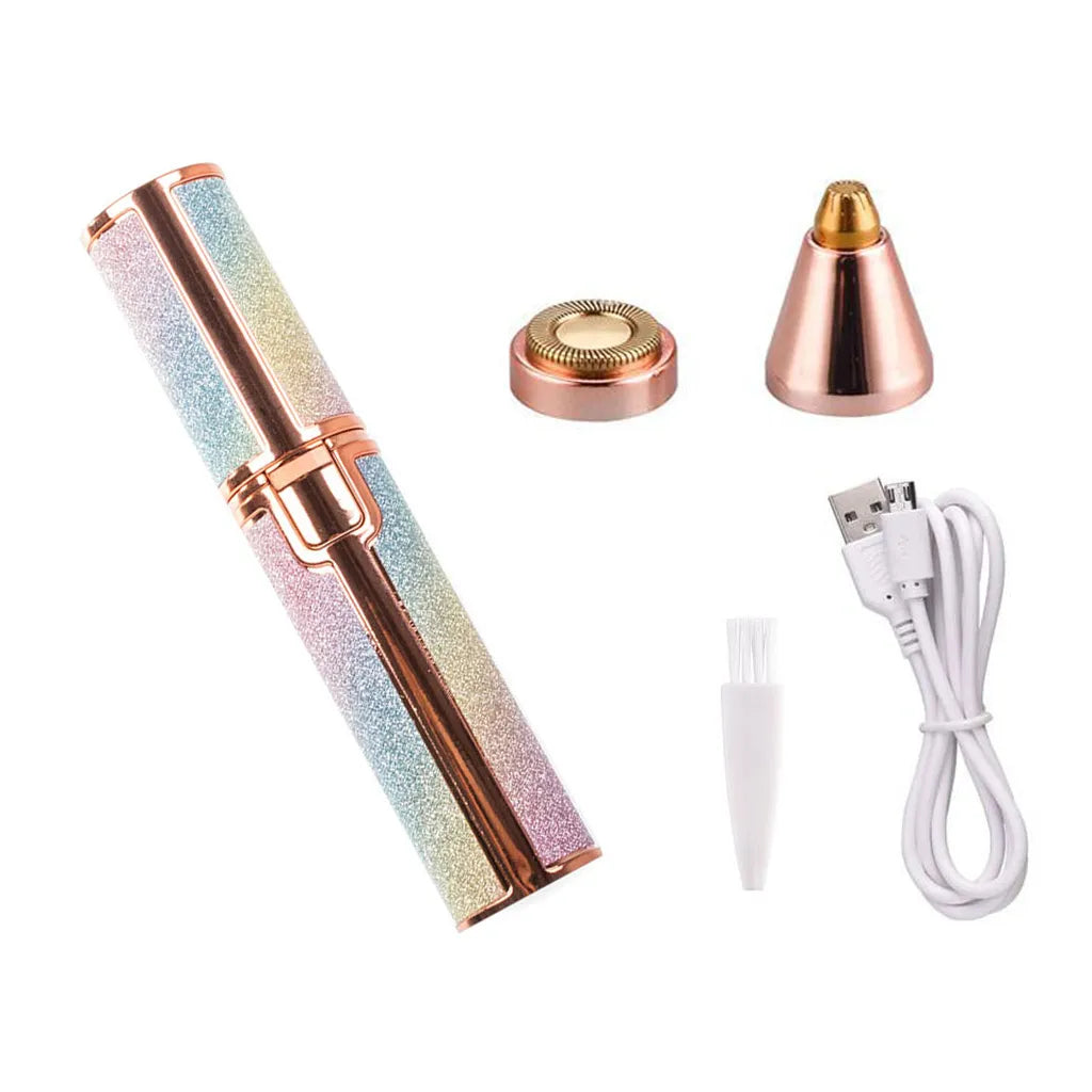 Újratölthető szemöldök epilátor, arctrimmer, női borotva 2 cserélhető heggyel, USB töltés, 2W, 13cm x 2.7cm, színes