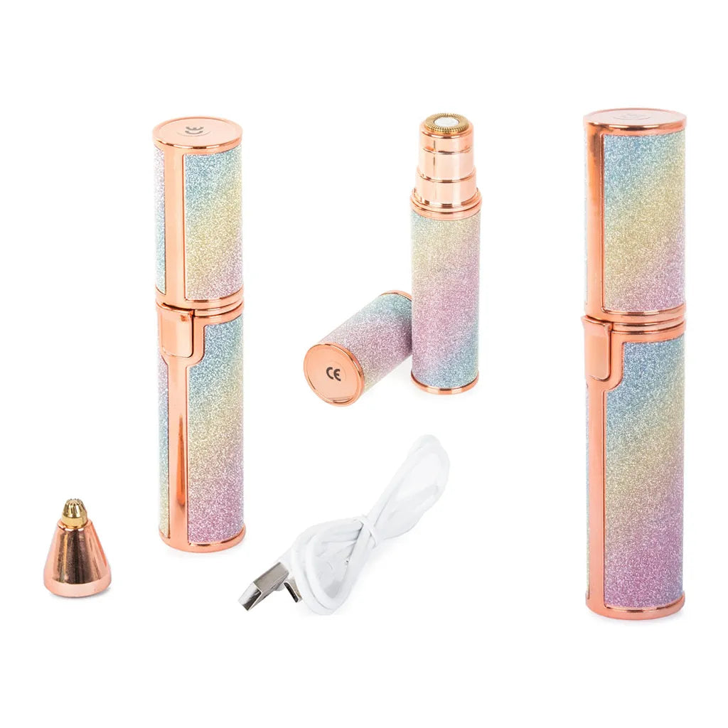 Újratölthető szemöldök epilátor, arctrimmer, női borotva 2 cserélhető heggyel, USB töltés, 2W, 13cm x 2.7cm, színes