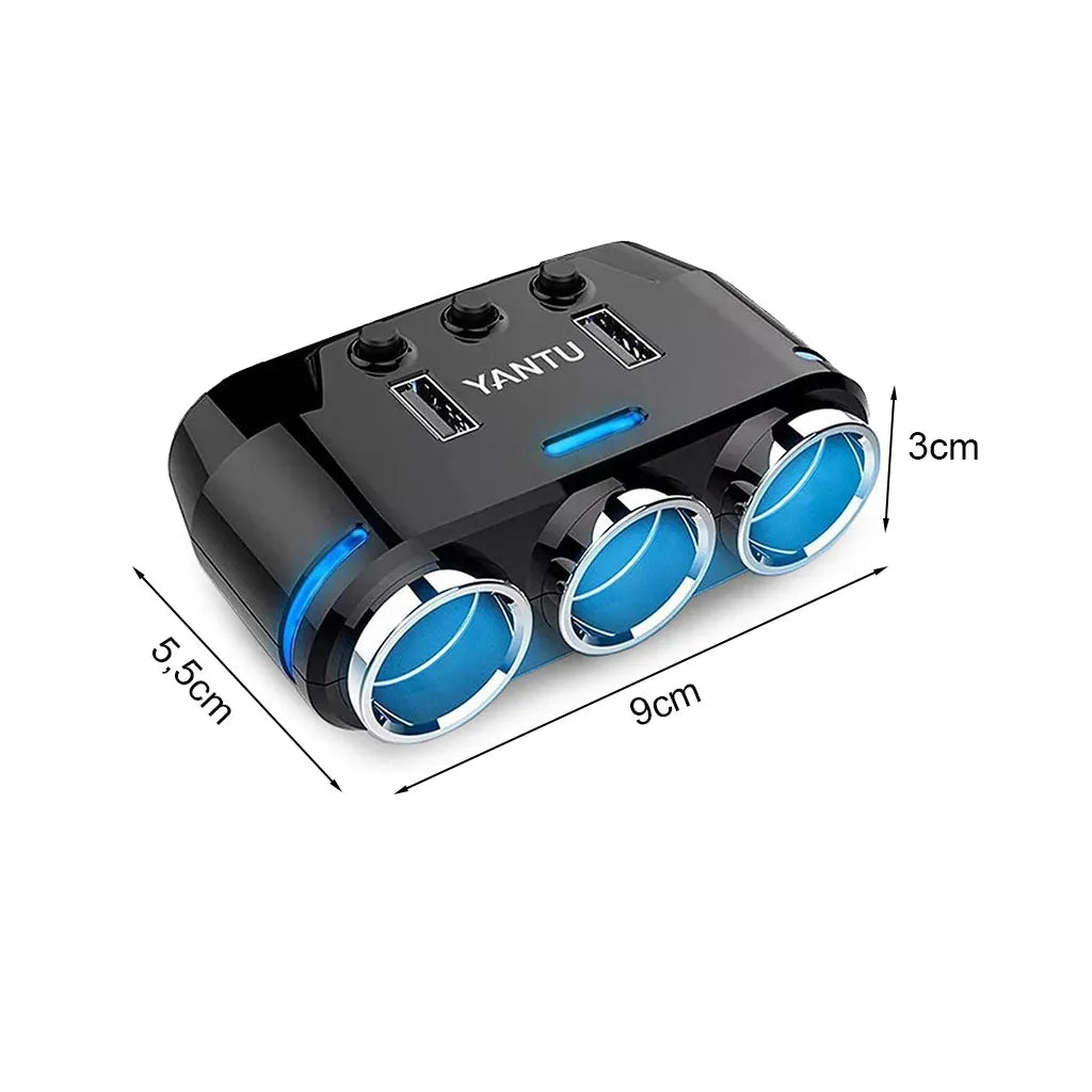Szivargyújtó aljzat 3-as elosztó 2x USB, 9cm x 5,5cm x 3cm, fekete