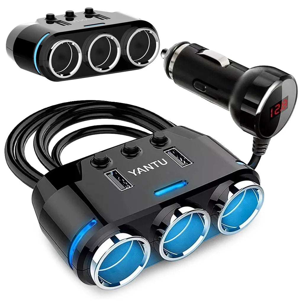 Szivargyújtó aljzat 3-as elosztó 2x USB, 9cm x 5,5cm x 3cm, fekete