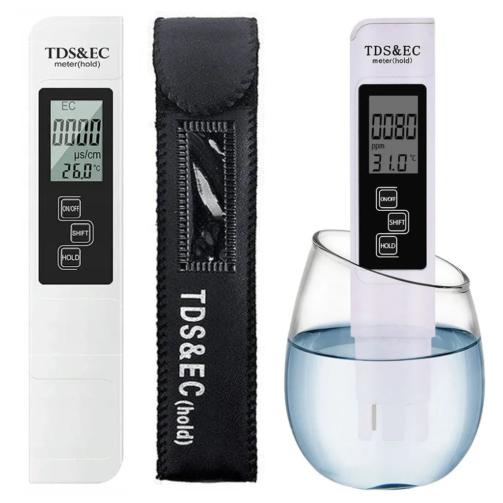 Vízkeménységmérő, tesztelő LCD kijelzővel, tokkal, tds ec ozmózis temp 0,1-80°C, fehér