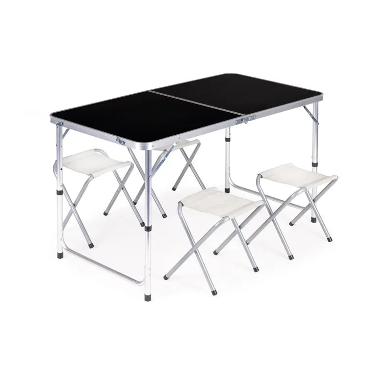 Összecsukható kemping asztal 4 túrista székkel, állítható magassággal (119.5x60x61-69.5cm) álló szett, fekete